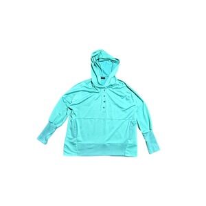 Funlingo Hoodie Womens‎ Large Blue Henley Pullover Stretch Knit Kangaroo Pocket